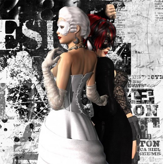 Girl in white mask standing to left, girl in black mask standing to right with arm over head.