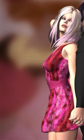 Blonde woman in pink dress.