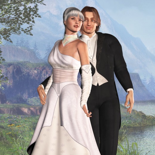 Bride in white standing in front, groom at the back, on a pastel background with river and mountains.