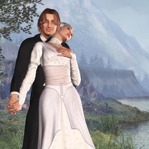 Groom at the back hugging his bride. On a pastel background of river and mountains.