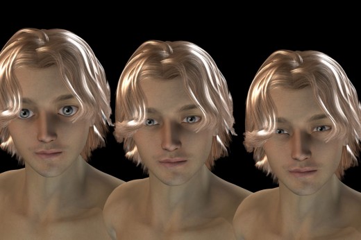 Three identical man faces with different sized eyes.