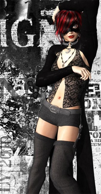 Girl in black mask posing in front of a design background with one arm over head.