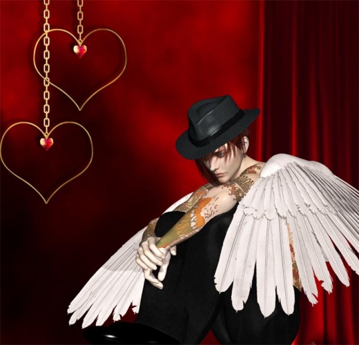 Bad boy Valentine Cupid sitting down on a red background.