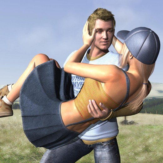 Boy in jeans carrying girl in cap on a field of green grass and blue skies.