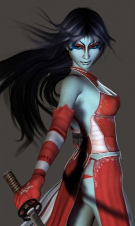 Close-up of assertive woman wearing Kabuki make-up.