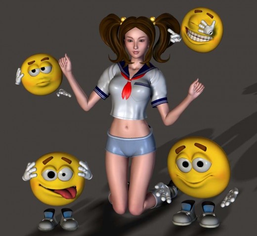 Obedient woman surrounded by emoticon people.