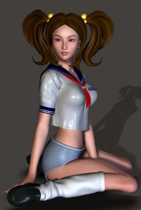 Obedient woman in pigtails sitting on the floor.
