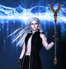 Dream wizard holding a staff on a blue magic background.