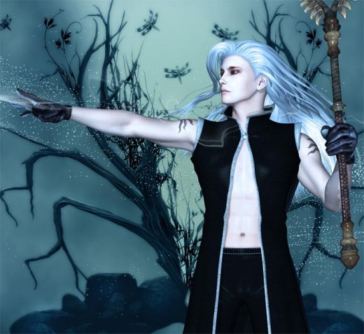 Dream wizard with right arm straight out while casting a magic spell (side profile).