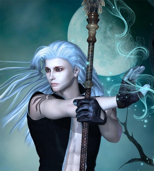 Dream wizard in side profile, casting a magic spell on his right hand, in front of a large moon.
