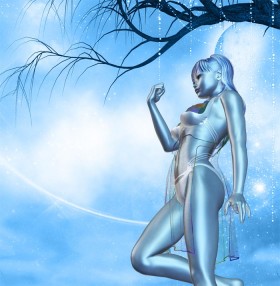 Blue dream girl holding right hand up in a fist, with tree branches above her. Bottom up camera angle.