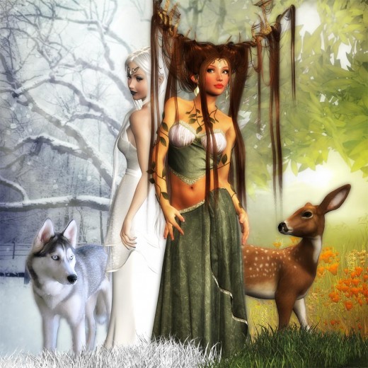 Dream totem wolf and dream totem deer together with their winter and summer themes.