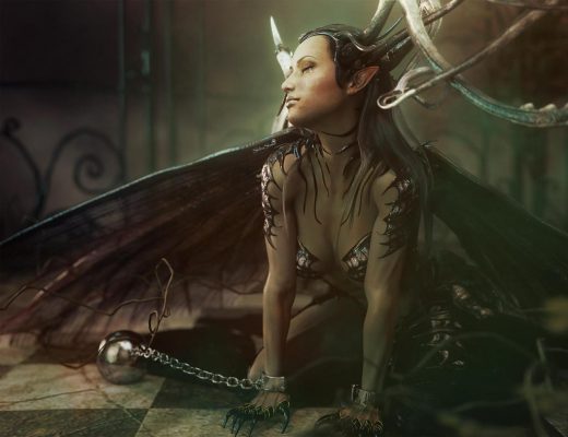 Gothic girl with horns, wings, and claws chained to the ground with manacles. Gothic Fantasy Woman Art. Daz Studio Iray image.