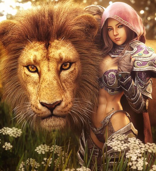 Love between fantasy girl and lion. Cute armored warrior girl with hood and lion. Fantasy woman pinup 3d-art. Flowers and grass in the background. Daz Studio Iray image.