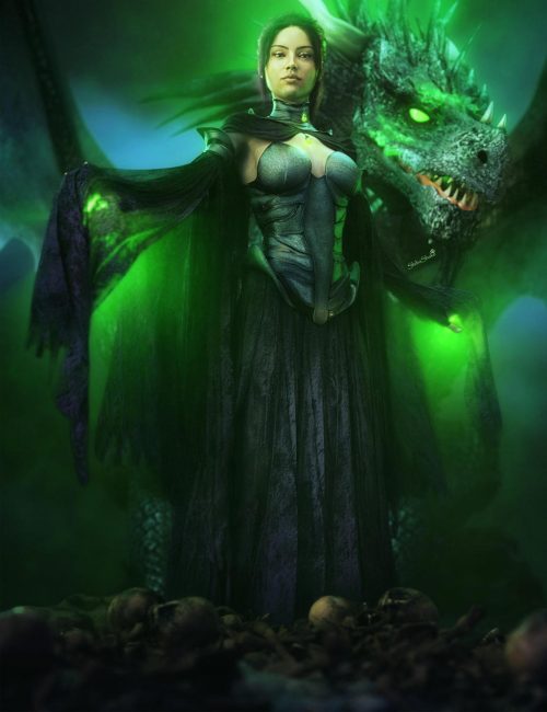 Depression and Envy. Evil queen with black dragon and glowing green eyes. Gothic dark fantasy 3d-art. Daz Studio Iray image.
