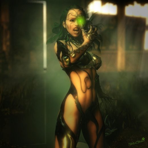 Depression, jealousy, envy. Dark sci-fi fantasy girl with a bright green eye clawing at her own face. Gothic dark fantasy 3d-art. Daz Studio Iray image.