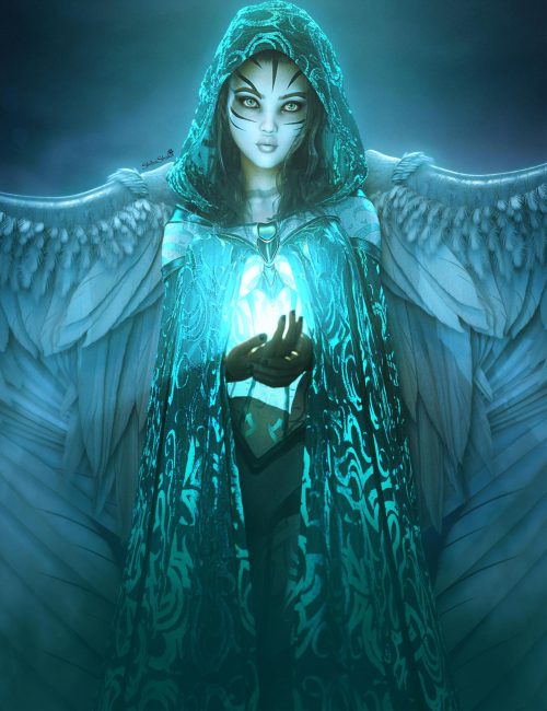 Otherworldly angel girl with wings and light in her cupped hands. Fantasy angel woman art. Daz Studio Iray image.
