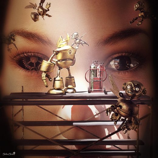Depression, work in progress. Robots working together to build a human face. Sci-fi fantasy woman 3d-art. Daz Studio Iray image.