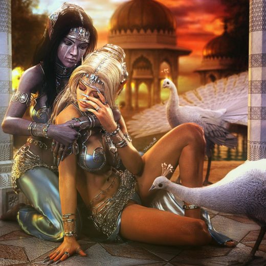 Black elf woman consoling white elf woman who is depressed and in pain. White peacocks and exotic buildings in background. Fantasy women 3d-art. Daz Studio Iray image.