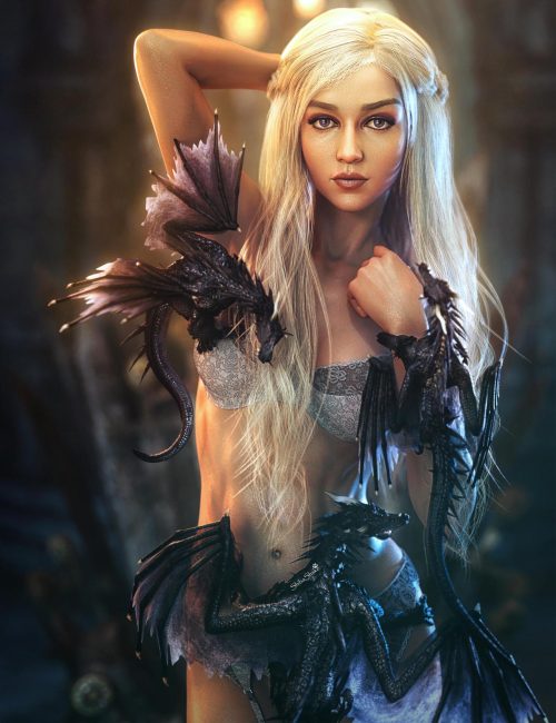 Attachments, desires, wants. White-haired fantasy girl in white lingerie with small black dragons attached to her body. Sexy pinup 3d-art. Daz Studio Iray image.