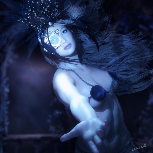 Invitation to awareness, wisdom, open-mind. Blue light image of long-haired fantasy woman wearing a headdress and steampunk monocle with arm outstretched in silent invitation. Fantasy girl pinup 3d-art. Daz Studio Iray image.