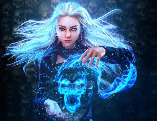 Embrace fear and suffering. White-haired magical fantasy girl conjuring a phantom skull with skulls in the background. Gothic 3d-art. Daz Studio Iray image.